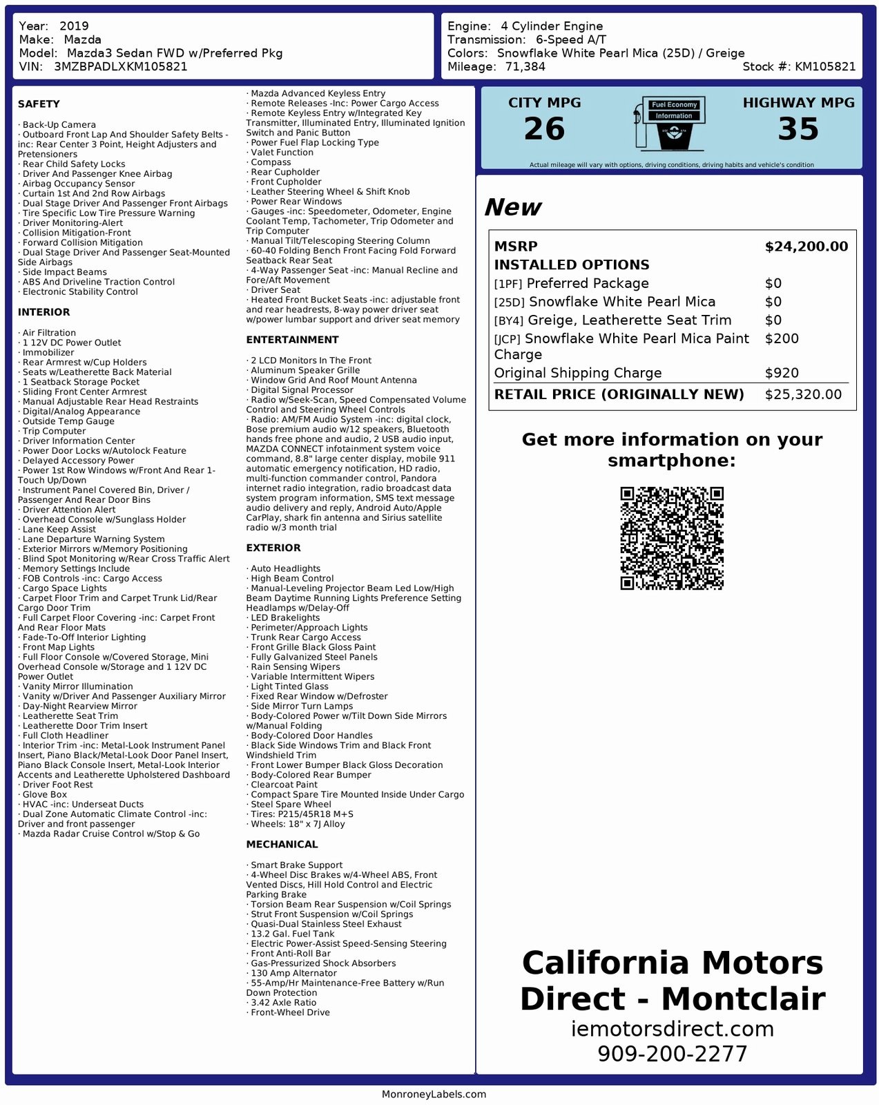 Sold 2019 Mazda Mazda3 Sedan Preferred in Montclair