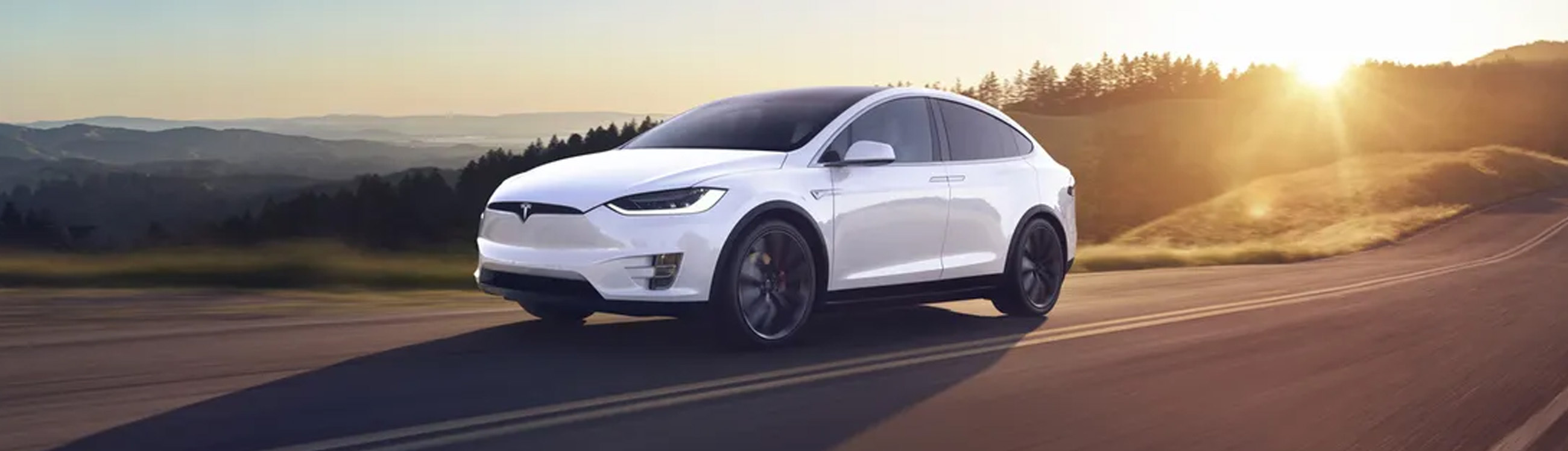 A white Tesla Model X overseeing a beautiful mountain