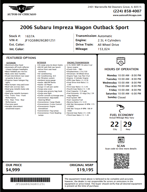 Sold 2006 Subaru Impreza Wagon 2.5 Outback Sport in Arlington Heights