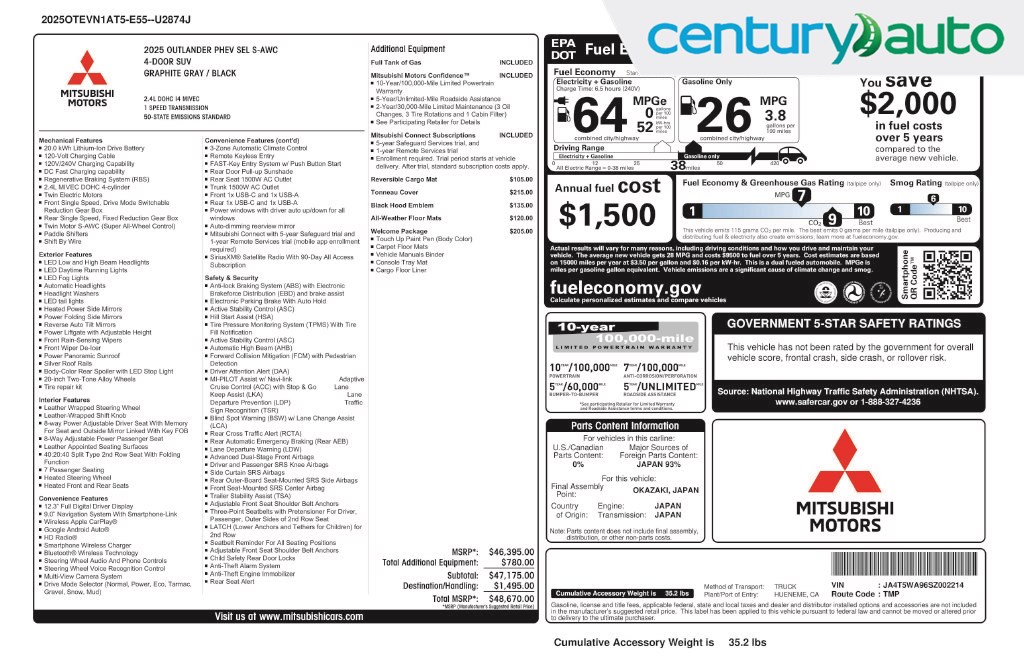 2025 Mitsubishi Outlander Plug-In Hybrid SEL, Platinum Edition, GT SR