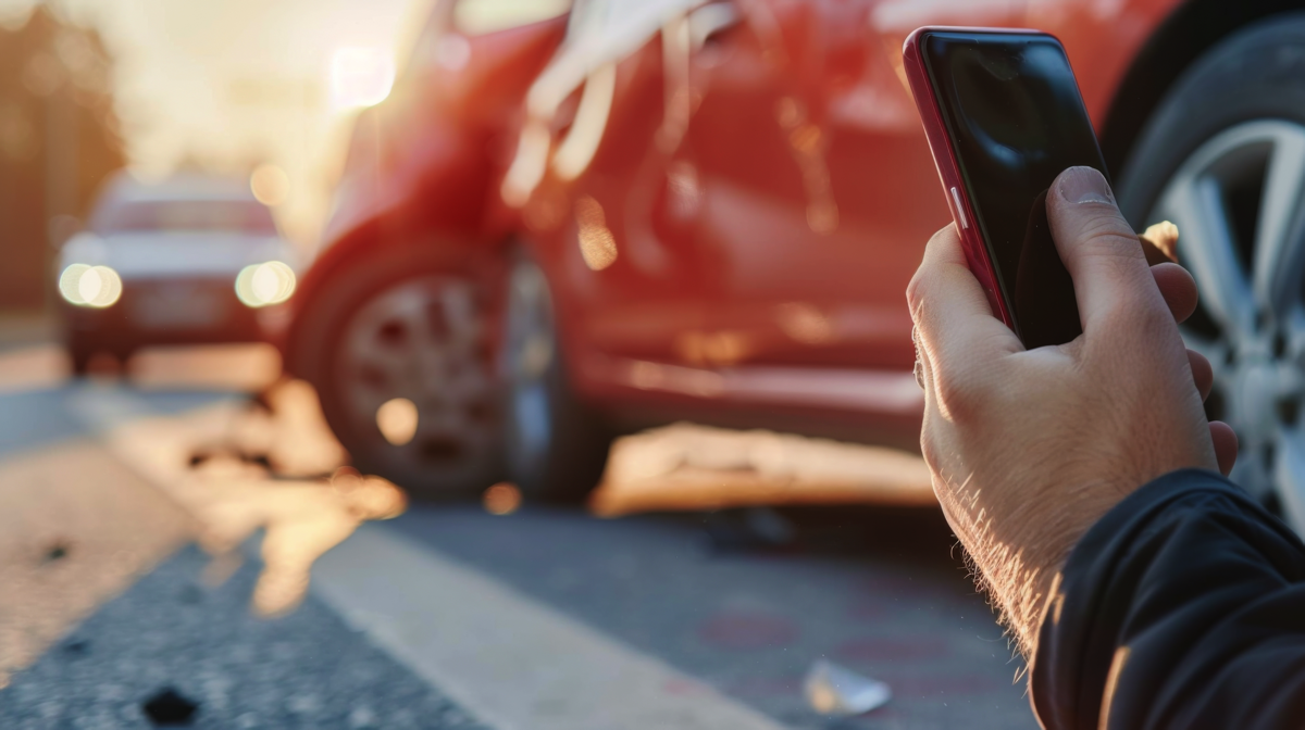 A person standing before a car crash between two vehicles