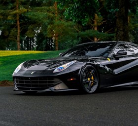 Black Ferrari parked on a lawn