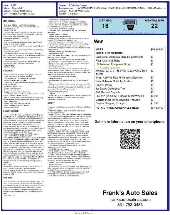 Sold 2017 Chevrolet Tahoe 4wd 4dr Ls In Salinas